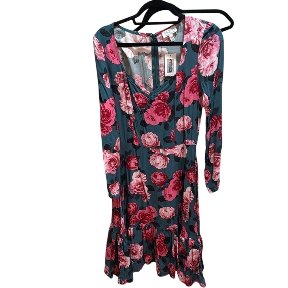 Sofia Jeans by Sofia Vergara Pink Rose Floral Midi Dress Teal Long Sleeve‎ Small